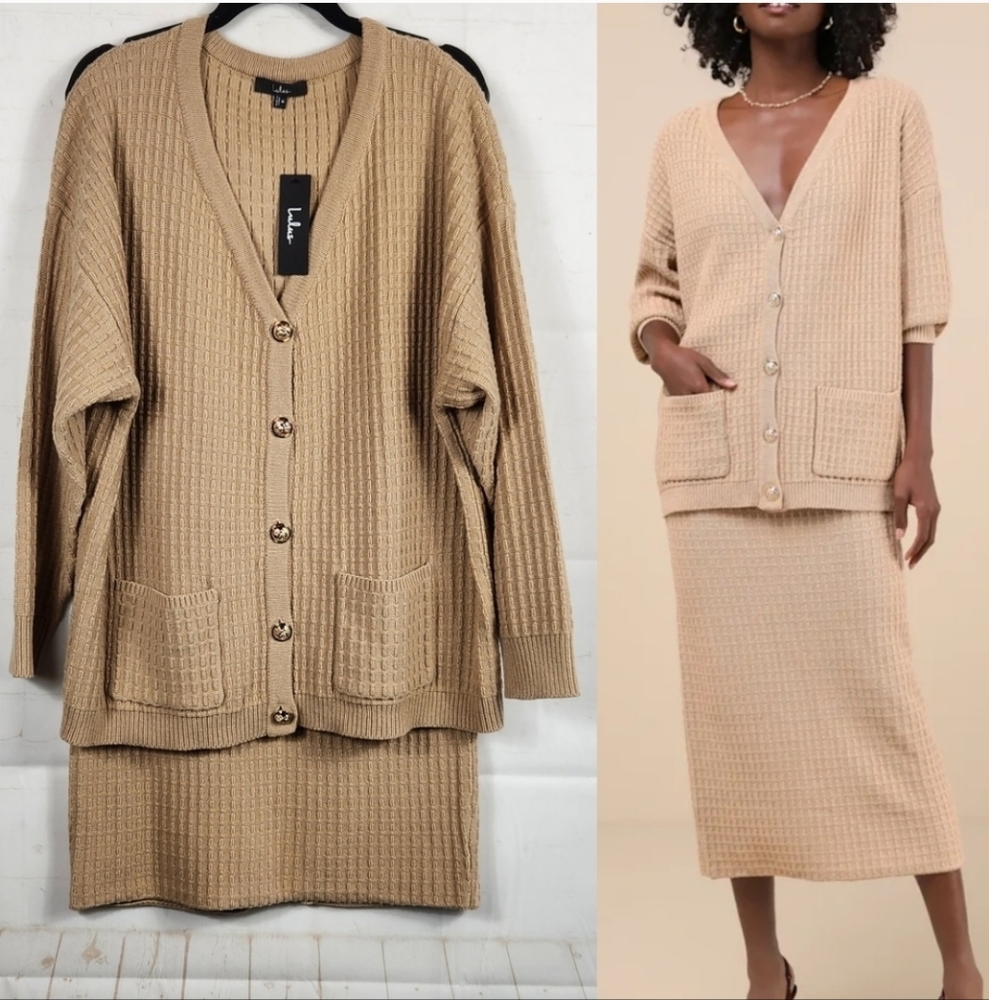 Lulu's Camel Knit Cardigan and Skirt Set Nwt